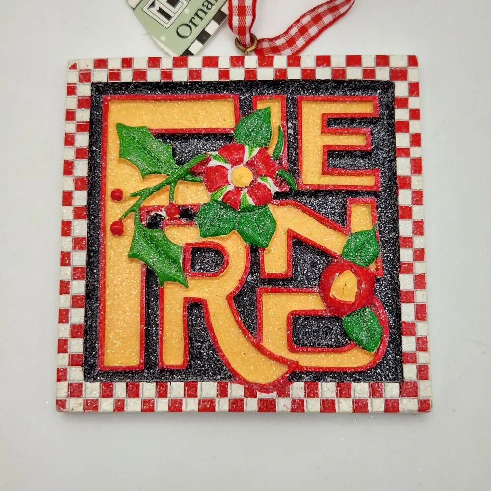 Mary Engelbreit Christmas Ornaments Glitter Red Check Frame Teapot Holly Friend